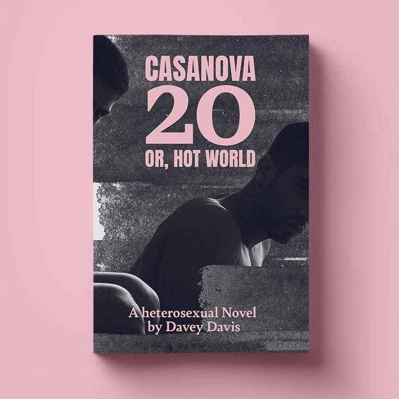 an image of my third novel, "Casanova 20," which has a rose and greyscale image of a young white shirtless man looking sort of dejected