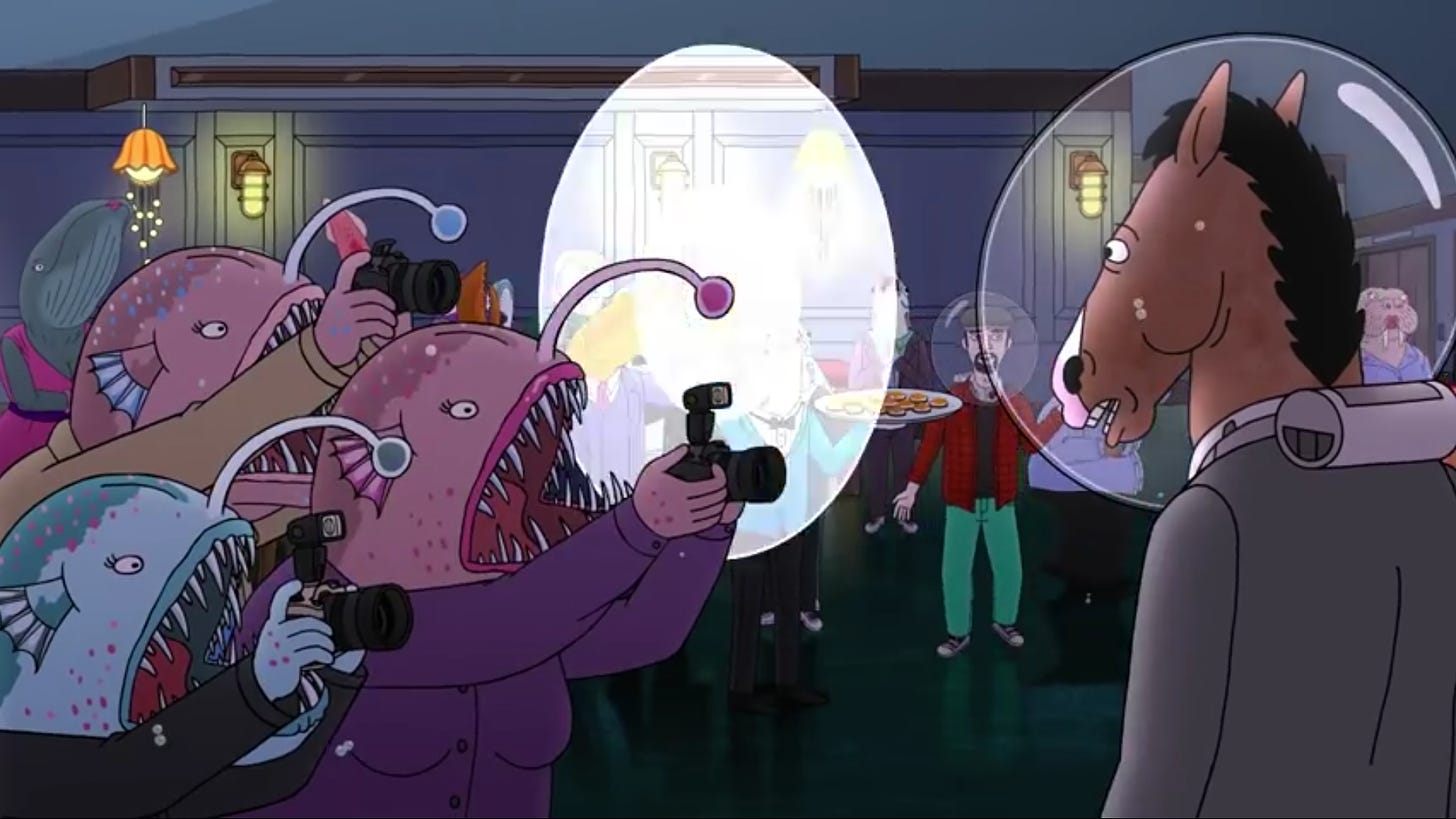 BoJack being photographed by angler fish paparazzi