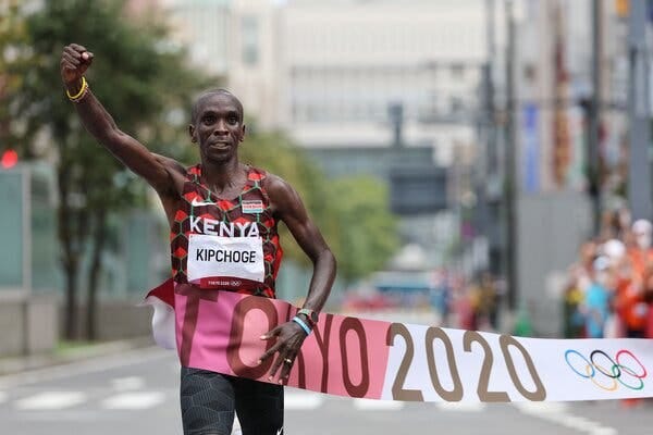 Eliud Kipchoge finished Sunday’s marathon with an 80-second lead over the silver medalist, Abdi Nageeye of the Netherlands.