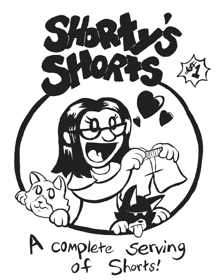 A black and white comic illustration titled "Shorty's Shorts". A girl with dark hair holds up boxer shorts proudly. Two cats hang out. 