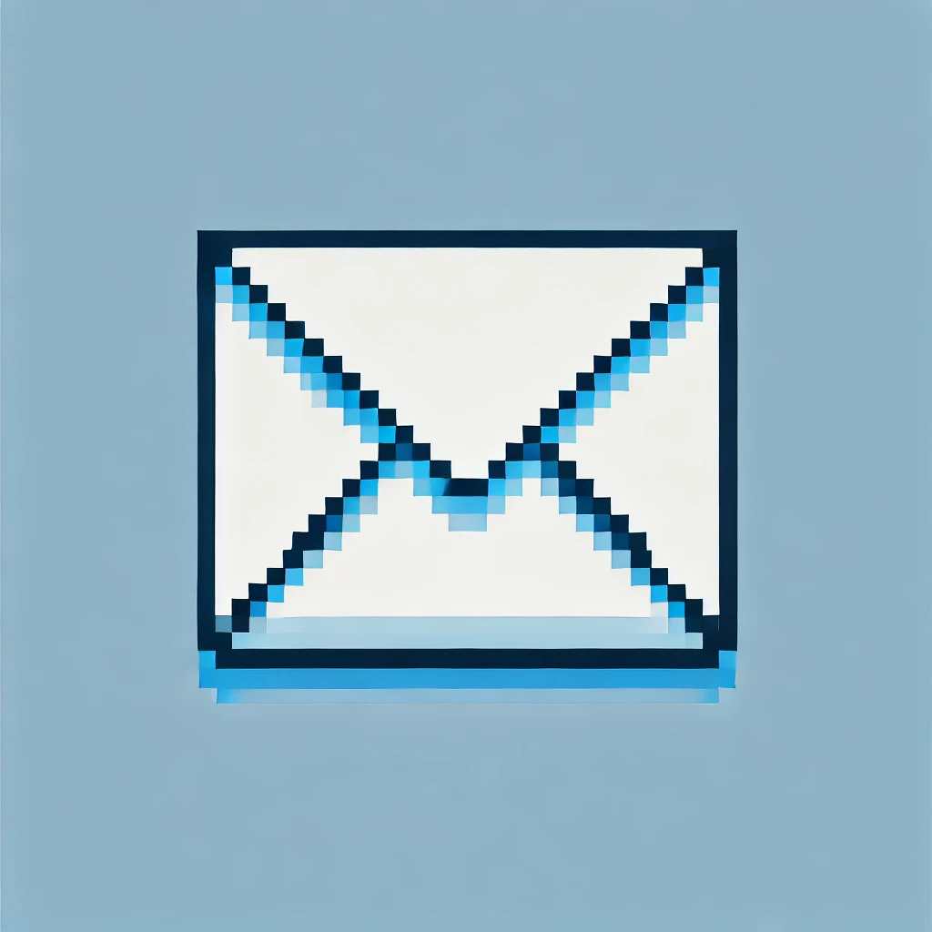 A pixelated image of a white envelope set against a sky blue background. The envelope has simple, blocky shapes, created in a retro, 8-bit pixel art style, with no additional elements. The focus is on the clean, minimalist look with a solid sky blue backdrop and a clear white envelope.