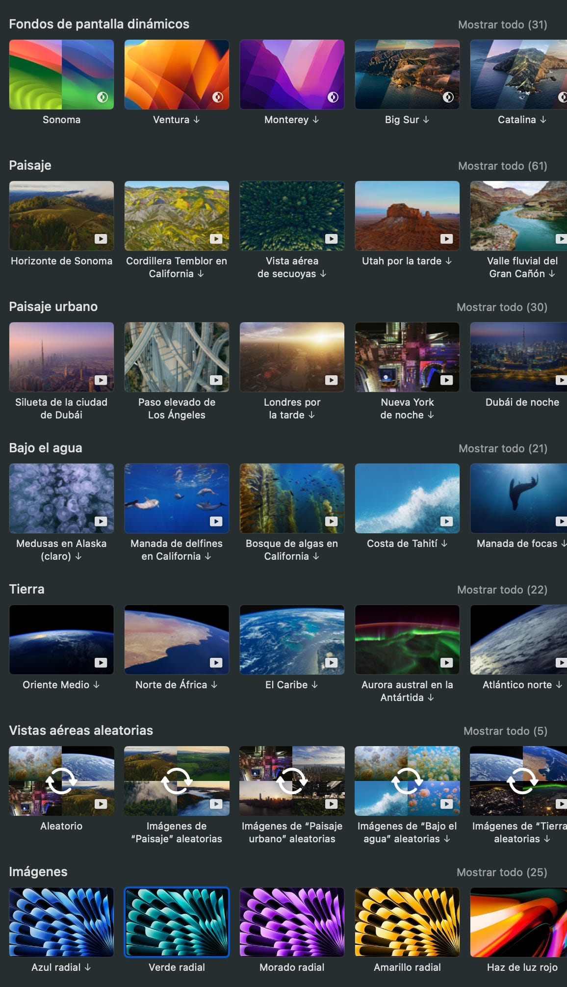 Colecciones de fondos de pantalla de MacOS Sonoma: Dinámicos, Paisaje, Paisaje urbano, Bajo el agua, Tierra, Vistas aéreas aleatorias