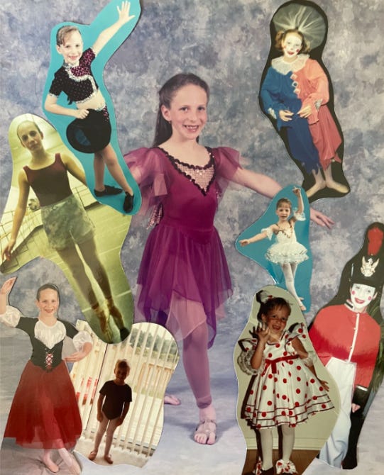 A collage of pictures of me in dance costumes from age 3 to 15