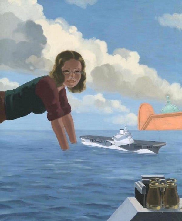 A young bespectacled woman leans into the composition from the left with her hands submerged in a water tank. The viewing-tank appears to be on the roof of a building as there is a blue sky with clouds and the green dome of a building in the background. A camouflaged model of an aircraft carrier floats on the water and a pair of binoculars sit on the edge of the tank, in the right foreground.