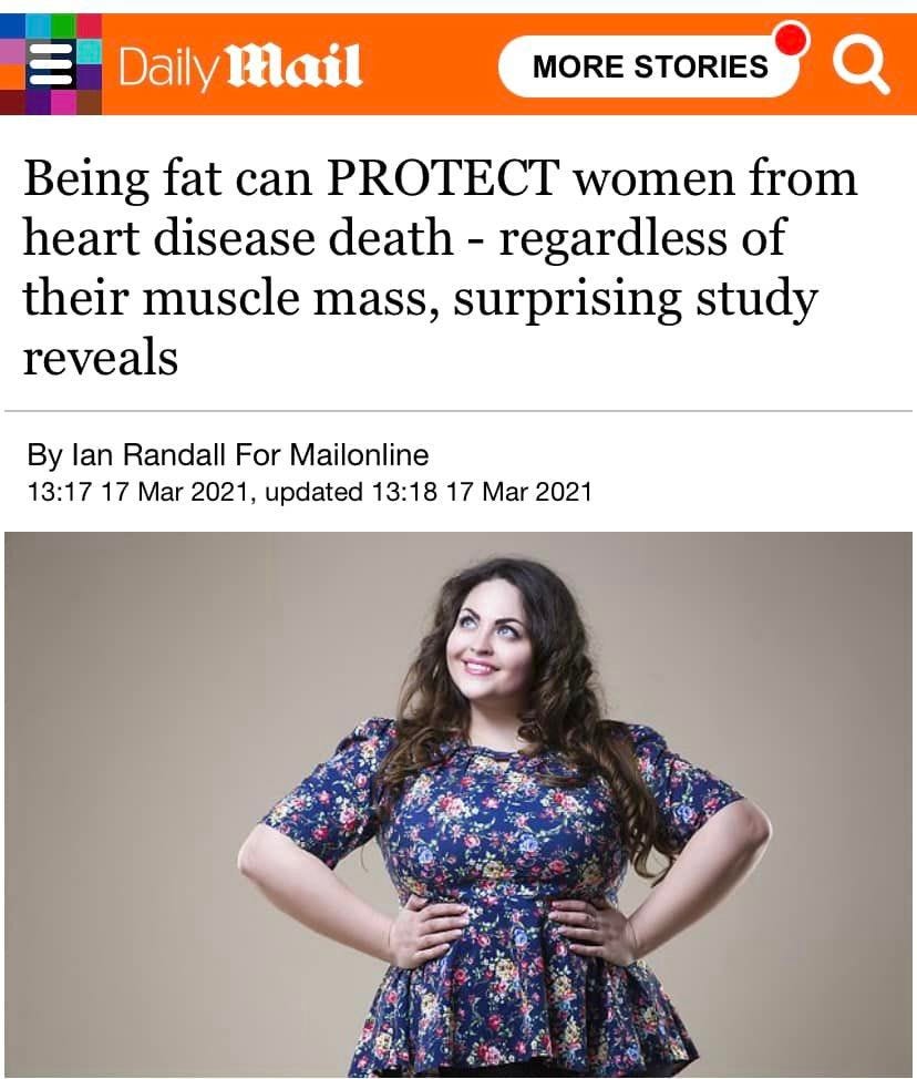 May be an image of 1 person, standing and text that says "Daily mail MORE STORIES Being fat can PROTECT women from heart disease death regardless of their muscle mass, surprising study reveals By lan Randall For Mailonline 13:17 17 Mar 2021, updated 13:18 17 Mar 2021"