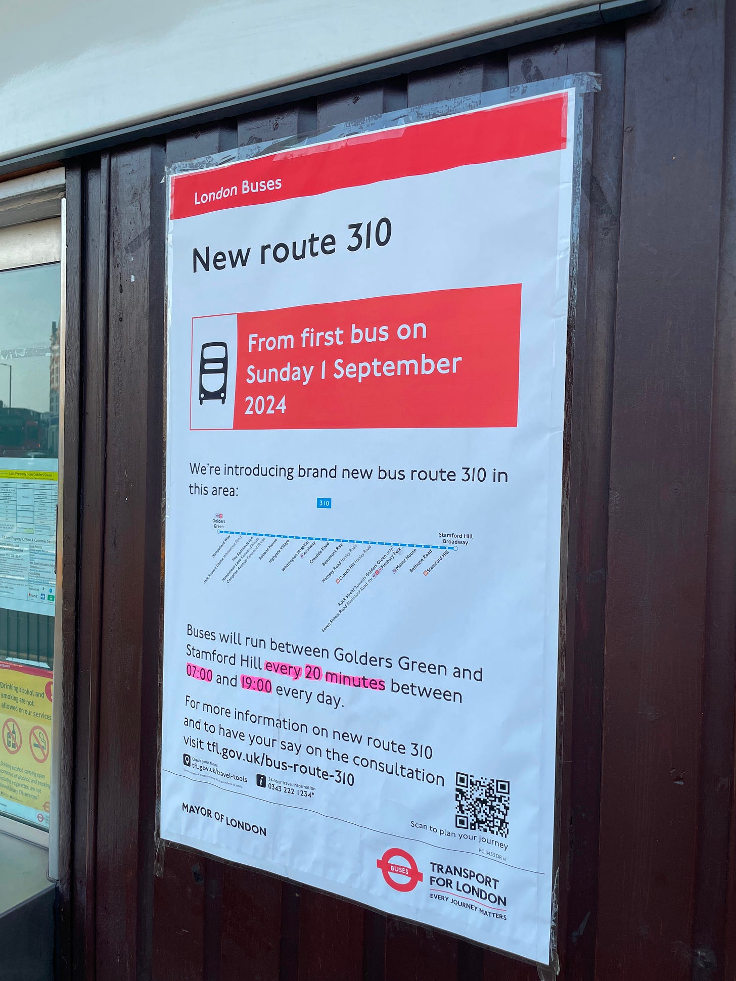 A large sign advertising the new bus route the 310 and saying that it is starting Sunday 1st September and showing a route diagram.