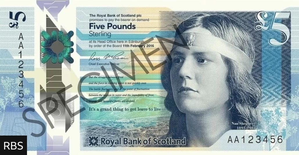 An example image of a Royal Bank of Scotland £5 note, featuring the image of Nan Shepherd with a makeshift headband. 