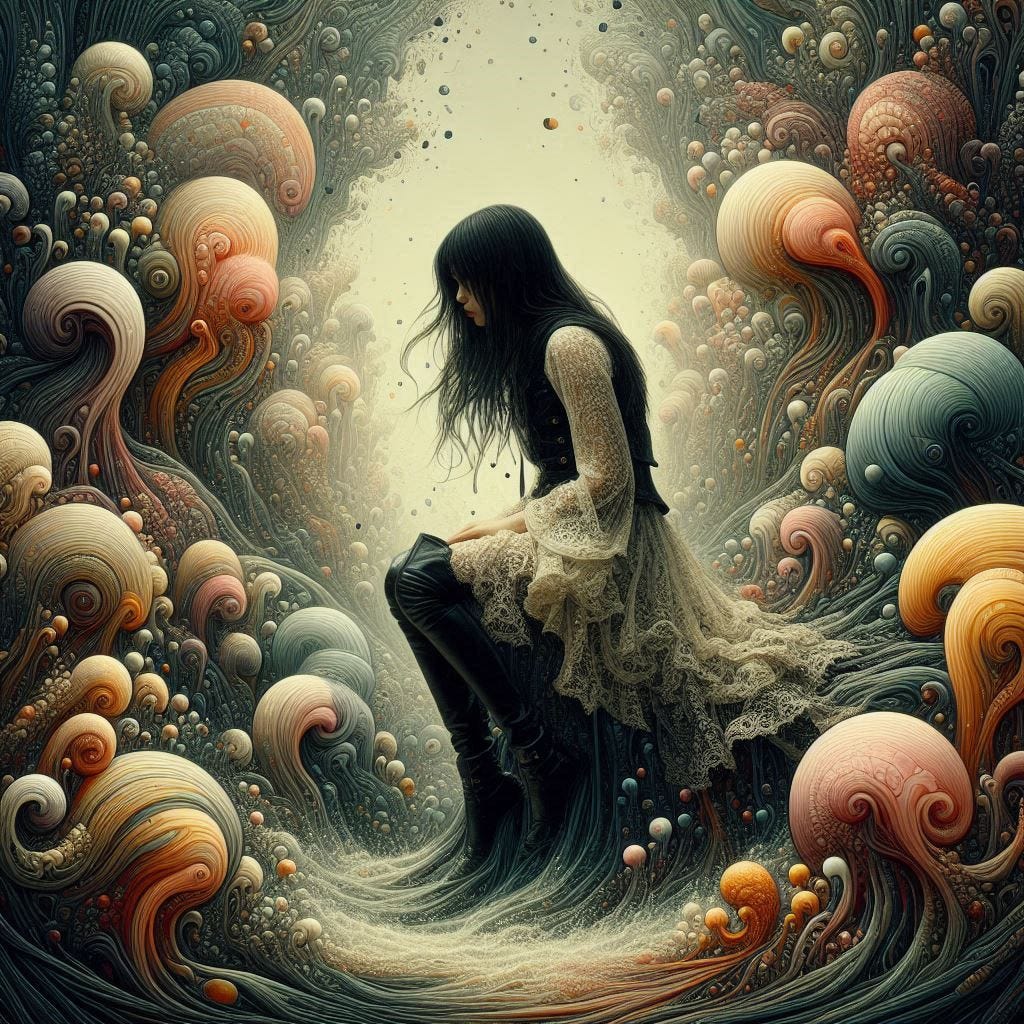 inside clear water ; tiltshift/ 5d angle glass embedded Carla caves / Broken into fragments/ pieces/Dark Haired, middle agead Asian in black boots  in front of Carla caves / in olive,ivory, chartrues, lace made of black water in resin/He is full of love. coral orange, pink, cream, olive address/ reverberating waves. black hole/ water in resin verdigris/ In the style of Michael Parkes. black etching/ black linework/ black sky