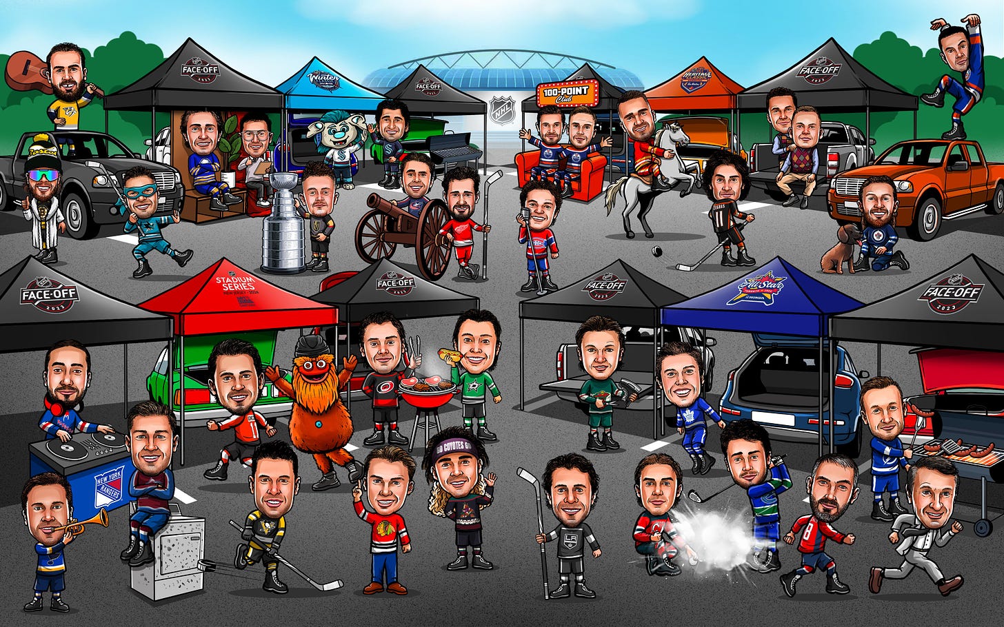 Digital illustration of players and easter eggs from all 32 teams and cities.