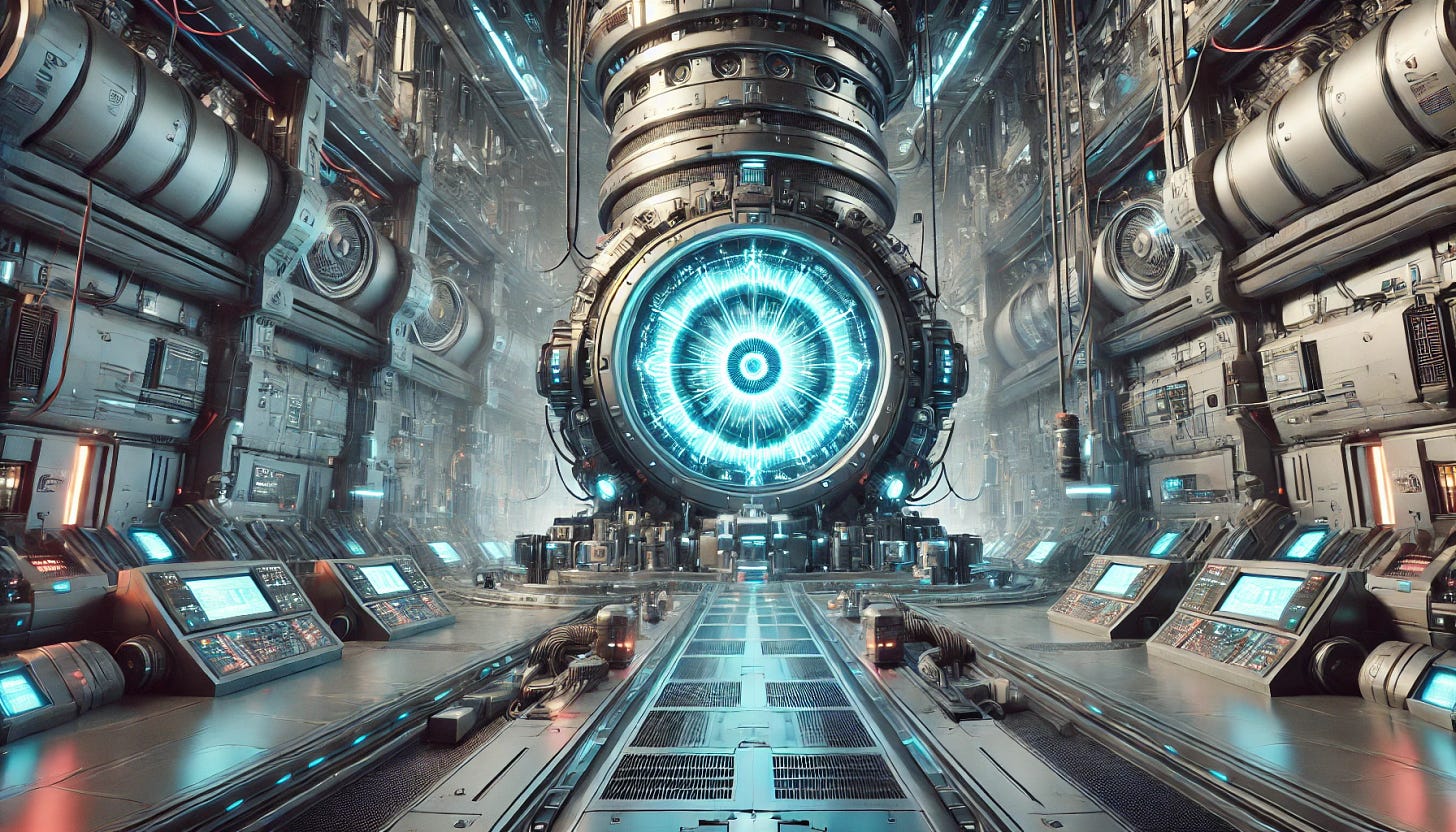 A futuristic, pulsating nuclear reactor in a hard sci-fi style. The reactor is located in an expansive, high-tech facility with advanced machinery and control panels. The core of the reactor glows with a vibrant, pulsating light, casting dynamic shadows across the room. Surrounding it are complex networks of pipes, cables, and robotic arms. The environment is sleek and metallic, with an emphasis on precision engineering. The color palette includes cool tones like blues and silvers, accentuated by the intense, neon glow of the reactor core, creating an atmosphere of controlled power and futuristic technology.