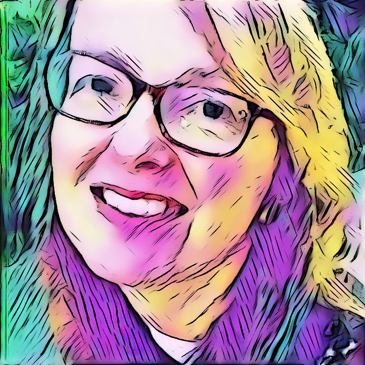 Facial image of Jane, a white middle aged woman with shoulder length hair, wearing modern angular brown glasses, looking contented. Photo is stylised with pastel rainbow shades and etched effects.