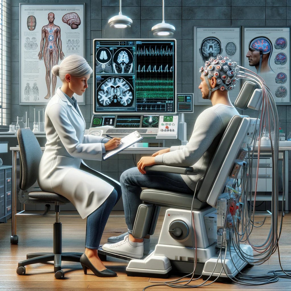 A detailed scene of a researcher in a white lab coat, conducting a brain test on a participant. The room is filled with advanced medical equipment, including a brain scanning machine that's currently in use. The participant is sitting comfortably in a specialized chair, with sensors attached to their head that are connected to a nearby monitor displaying brain activity in real-time. The researcher is attentively observing the monitor, taking notes on a clipboard. Around them, there are charts and diagrams related to neuroscience on the walls, providing a scientific backdrop to the activity. Both the researcher and the participant are focused and engaged in the process, highlighting the seriousness of the study.