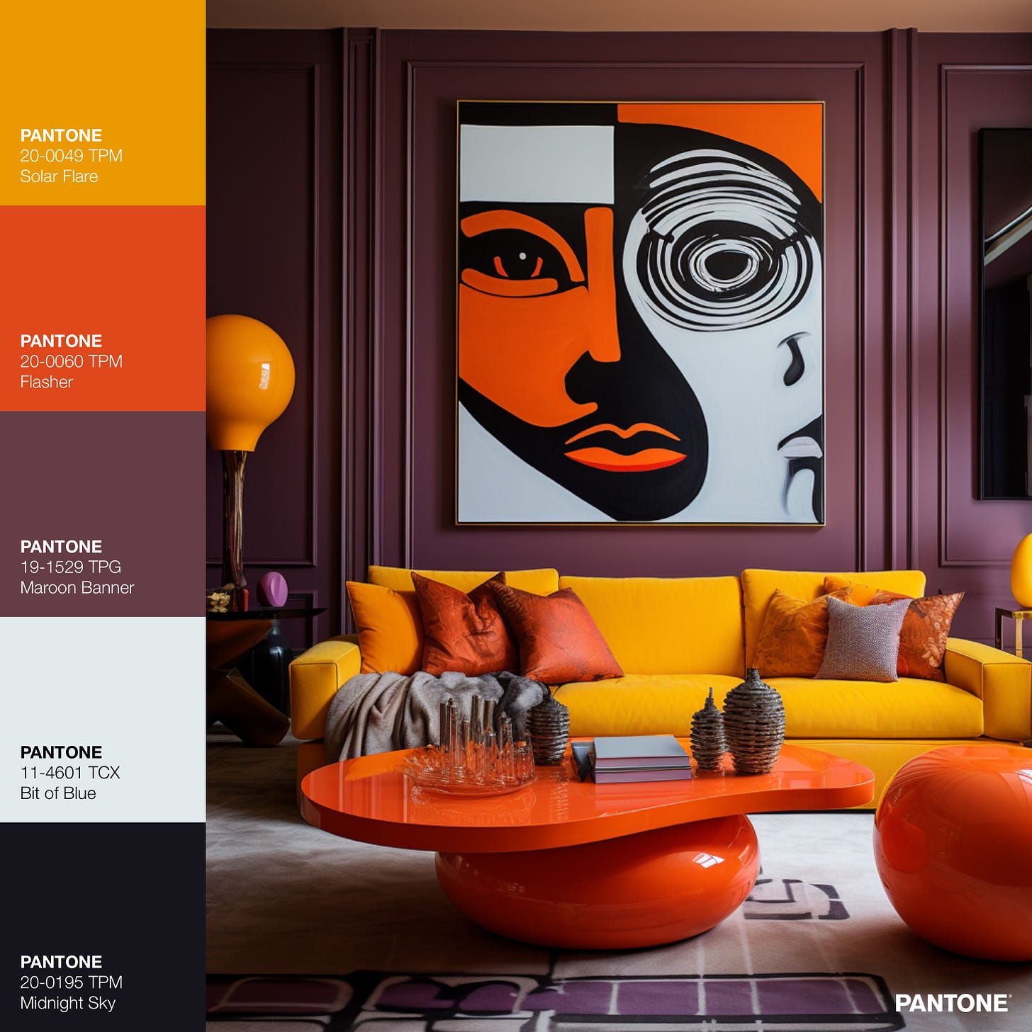 Bold living room with gold yellow sofa with orange accents and brown-purple wall and black/white graphic face art.