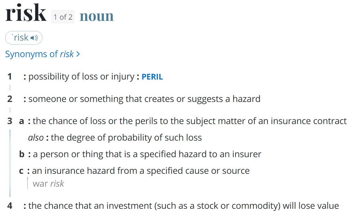 A screenshot of the definition of risk from the Merriam-Webster dictionary. 