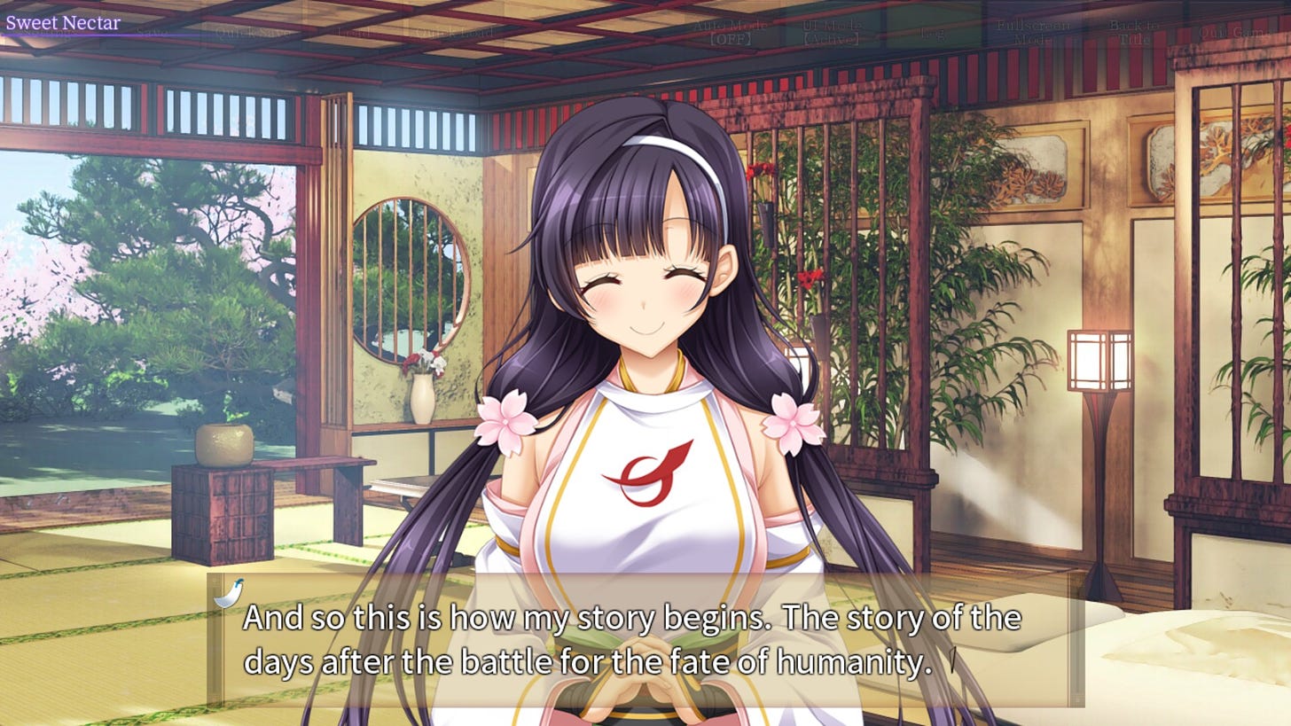 A dark-purple-haired girl with twin tails smiles at the player while the narrator says "this is how his story begins"