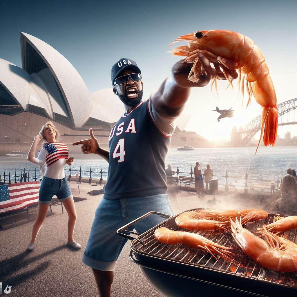 American man and woman barbecuing shrimp in front of the Sydney Opera House