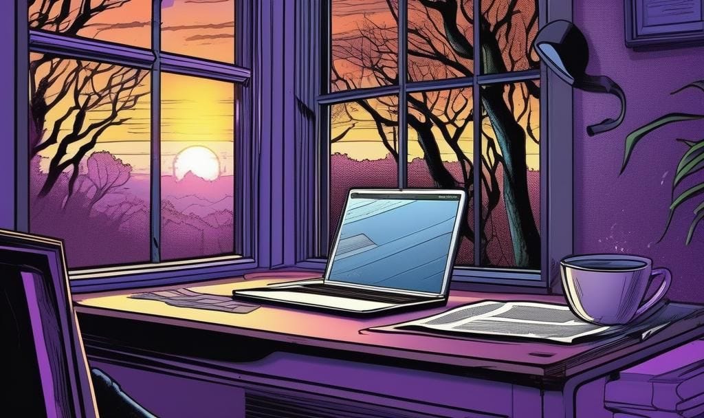 desk with a laptop, newspaper, and purple coffee cup next to a window showing the sunrise and trees