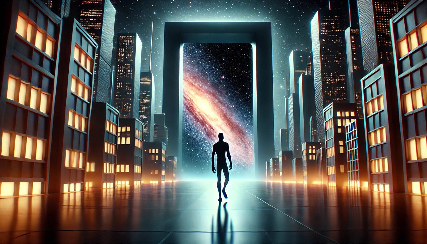 A futuristic cityscape fills the majority of the screen, with towering buildings illuminated by neon lights. Positioned slightly right of center, an African figure walks towards a mysterious black doorway. The doorway appears as a portal, leading directly to a cosmic expanse filled with stars and galaxies. The scene is rendered in a highly detailed Pixar-style animation, with a cinematic glow and a sense of wonder. The figure's posture conveys purpose and curiosity as he steps through the gateway of truth.