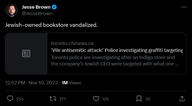 Jesse Brown's tweet claiming "Jewish-owend bookstore vandalized."