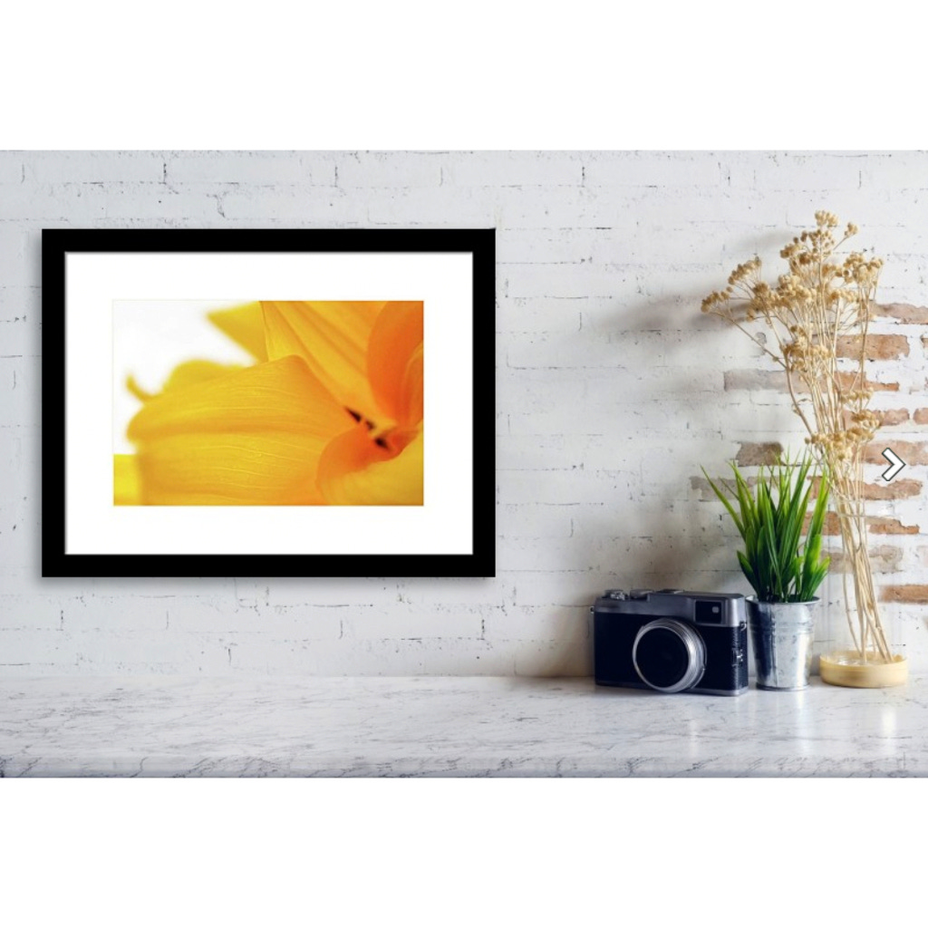 A framed print of bright sunflower petals hangs on a whitewashed brick wall in a modern office setting.