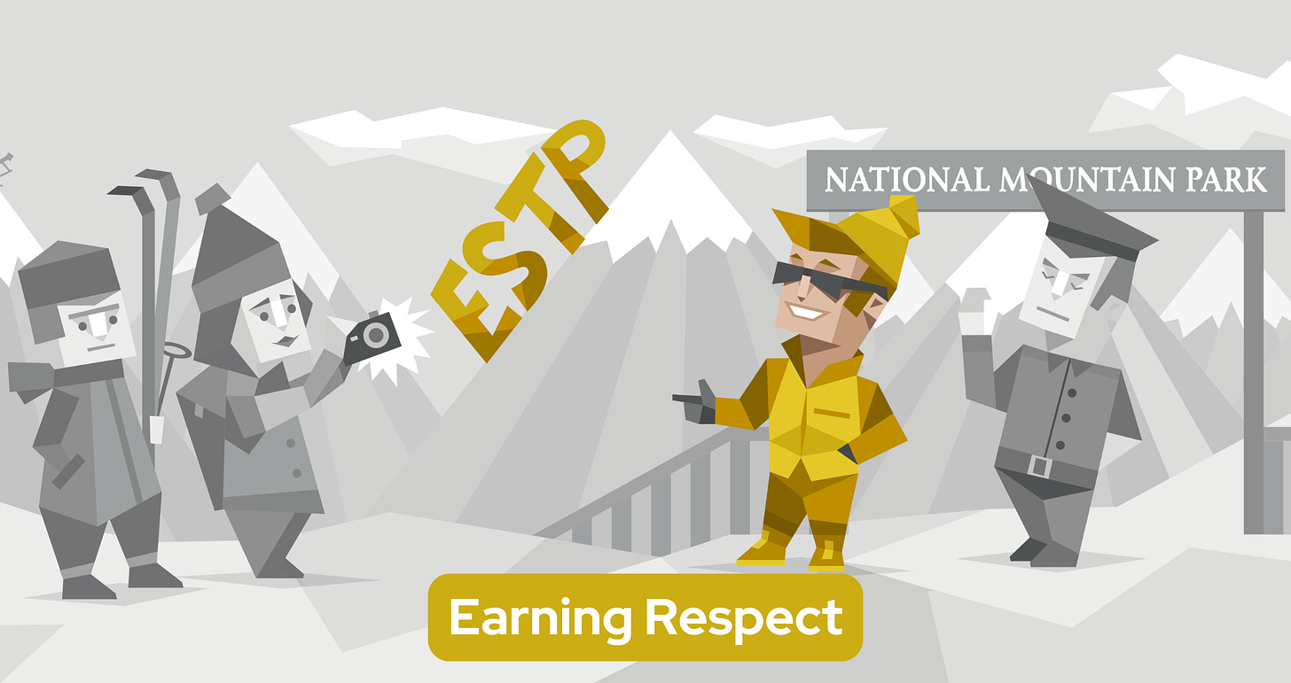 In a snowy National Mountain Park, a confident male ESTP, clad in yellow attire and sunglasses, strikes a pose while to the left, a couple dressed warmly in winter clothing and holding skis take pictures of him with their camera. An annoyed park ranger stands to the right of the ESTP man. The letters “ESTP” are prominently displayed in the middle of the image.