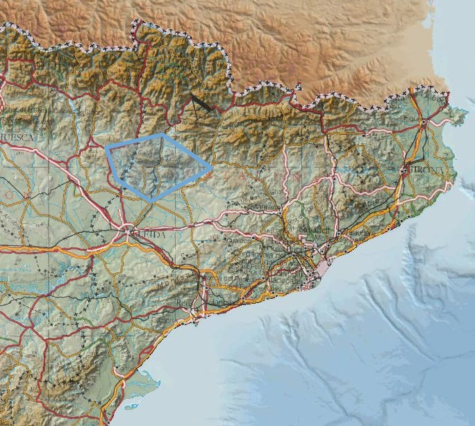Situació del territori Montsec al mapa de la península Ibèrica.