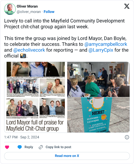 Tweet with the text, "Lovely to call into the Mayfield Community Development Project chit-chat group again last week. This time the group was joined by Lord Mayor, Dan Boyle, to celebrate their success. Thanks to @amycampbellcork and @echolivecork for reporting — and @LarryCpix for the official 📸."