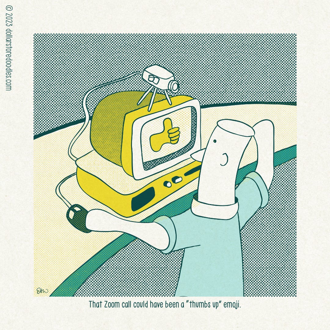 Cartoon panel showing a character sitting in front of a retro desktop computer from the nineteen nineties. Perched above the cathode ray monitor is a large webcam on a miniature tripod. The caption reads, “That Zoom call could have been a thumbs up emoji.”