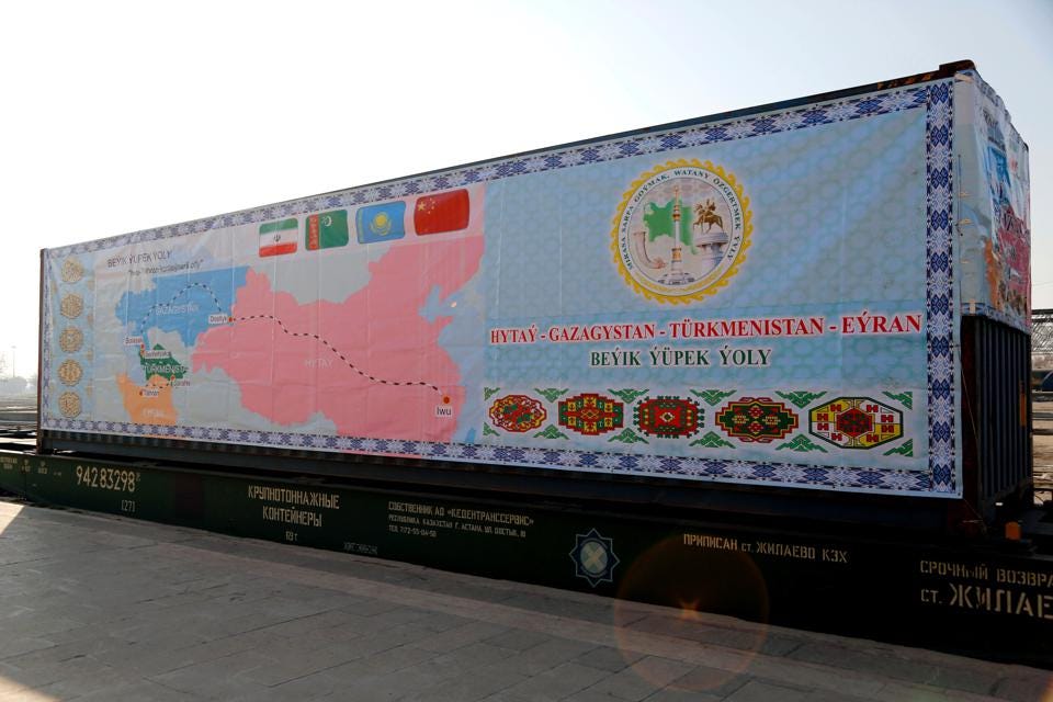 A picture taken on February 15, 2016 shows a container on the first train connecting China and Iran... [+] upon its arrival at Tehran Railway Station. / AFP / STRINGER (Photo credit should read STRINGER/AFP/Getty Images)
