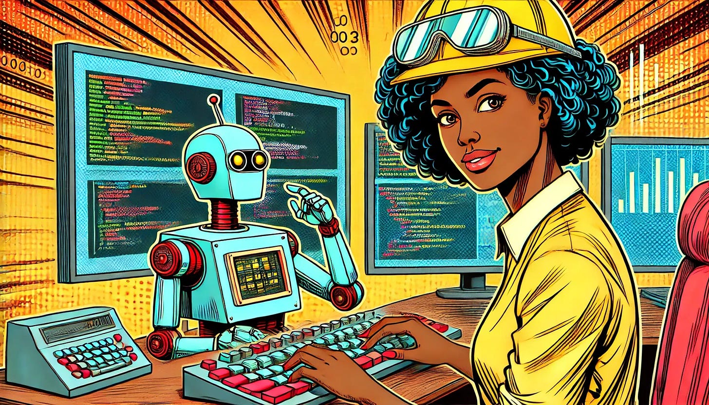 Smarter Code Generation with ChatGPT; black female data engineer generating code with a bot