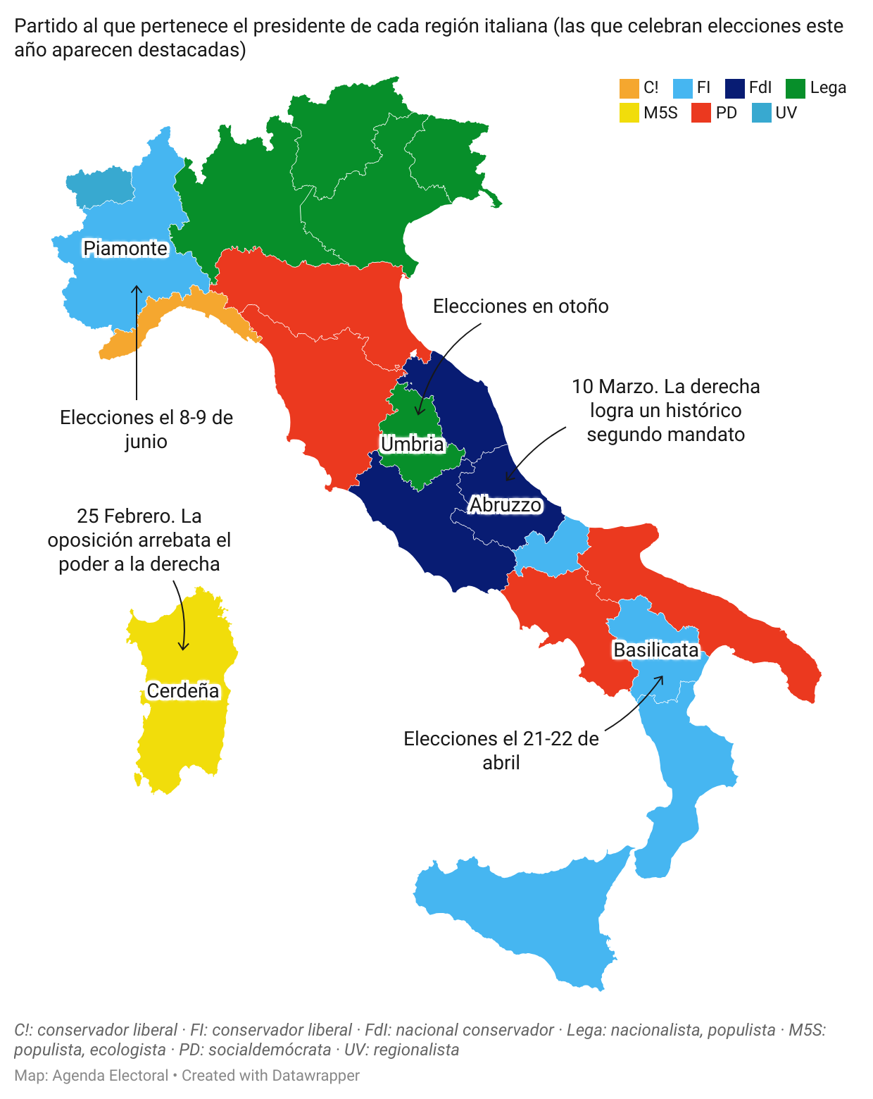 Mapa Italia partido presidentes regionales