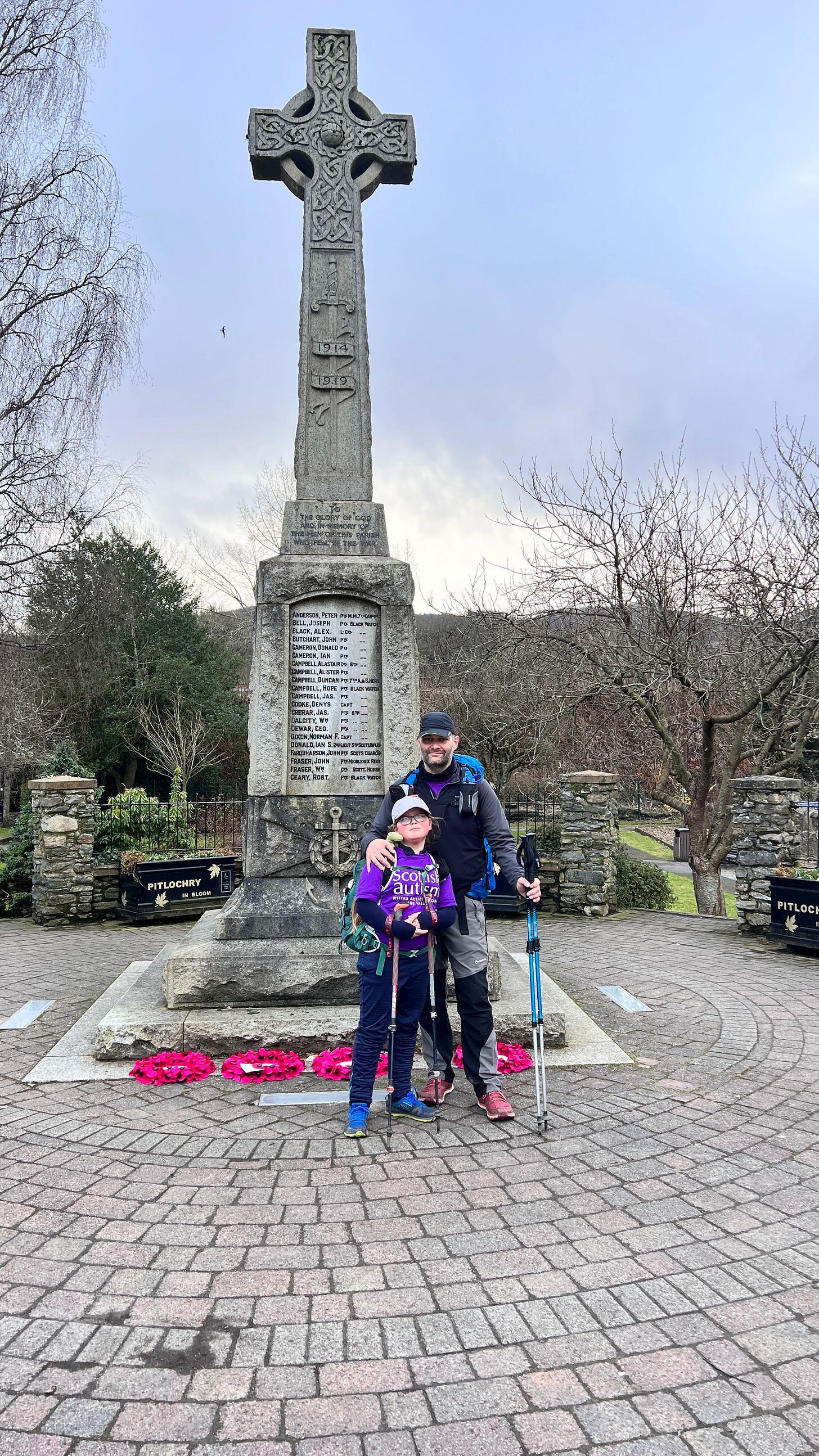 The end of the Rob Roy Way in Pitlochry with the memorial gardens behind us… an epic trail!