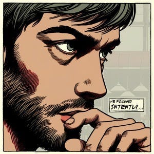 “He Focused Intently,” collaboration by author with Dall-E 3. A young bearded grad student, Theo, puts his finger to his chin and gazes intently in this comic panel reminiscent of 60s underground comics.