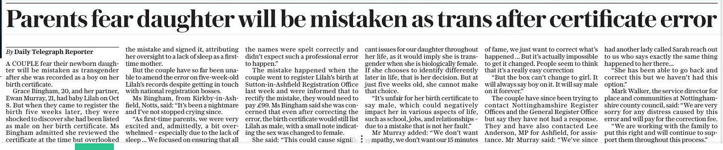 Parents fear daughter will be mistaken as trans after certificate error The Daily Telegraph20 Nov 2024By Daily Telegraph Reporter A COUPLE fear their newborn daughter will be mistaken as transgender after she was recorded as a boy on her birth certificate.  Grace Bingham, 20, and her partner, Ewan Murray, 21, had baby Lilah on Oct 8. But when they came to register the birth five weeks later, they were shocked to discover she had been listed as male on her birth certificate. Ms Bingham admitted she reviewed the certificate at the time but overlooked the mistake and signed it, attributing her oversight to a lack of sleep as a firsttime mother.  But the couple have so far been unable to amend the error on five-week-old Lilah’s records despite getting in touch with national registration bosses.  Ms Bingham, from Kirkby-in-ashfield, Notts, said: “It’s been a nightmare and I’ve not stopped crying since.  “As first-time parents, we were very excited and, admittedly, a bit overwhelmed – especially due to the lack of sleep ... We focused on ensuring that all the names were spelt correctly and didn’t expect such a professional error to happen.”  The mistake happened when the couple went to register Lilah’s birth at Sutton-in-ashfield Registration Office last week and were informed that to rectify the mistake, they would need to pay £99. Ms Bingham said she was concerned that even after correcting the error, the birth certificate would still list Lilah as male, with a small note indicating the sex was changed to female.  She said: “This could cause significant issues for our daughter throughout her life, as it would imply she is transgender when she is biologically female. If she chooses to identify differently later in life, that is her decision. But at just five weeks old, she cannot make that choice.  “It’s unfair for her birth certificate to say male, which could negatively impact her in various aspects of life, such as school, jobs, and relationships – due to a mistake that is not her fault.”  Mr Murray added: “We don’t want sympathy, we don’t want our 15 minutes of fame, we just want to correct what’s happened ... But it’s actually impossible to get it changed. People seem to think that it’s a really easy correction  “But the box can’t change to girl. It will always say boy on it. It will say male on it forever.”  The couple have since been trying to contact Nottinghamshire Register Offices and the General Register Office but say they have not had a response. They and have also contacted Lee Anderson, MP for Ashfield, for assistance. Mr Murray said: “We’ve since had another lady called Sarah reach out to us who says exactly the same thing happened to her there...  “She has been able to go back and correct this but we haven’t had this option.”  Mark Walker, the service director for place and communities at Nottinghamshire county council, said: “We are very sorry for any distress caused by this error and will pay for the correction fee.  “We are working with the family to put this right and will continue to support them throughout this process.”  Article Name:Parents fear daughter will be mistaken as trans after certificate error Publication:The Daily Telegraph Author:By Daily Telegraph Reporter Start Page:9 End Page:9