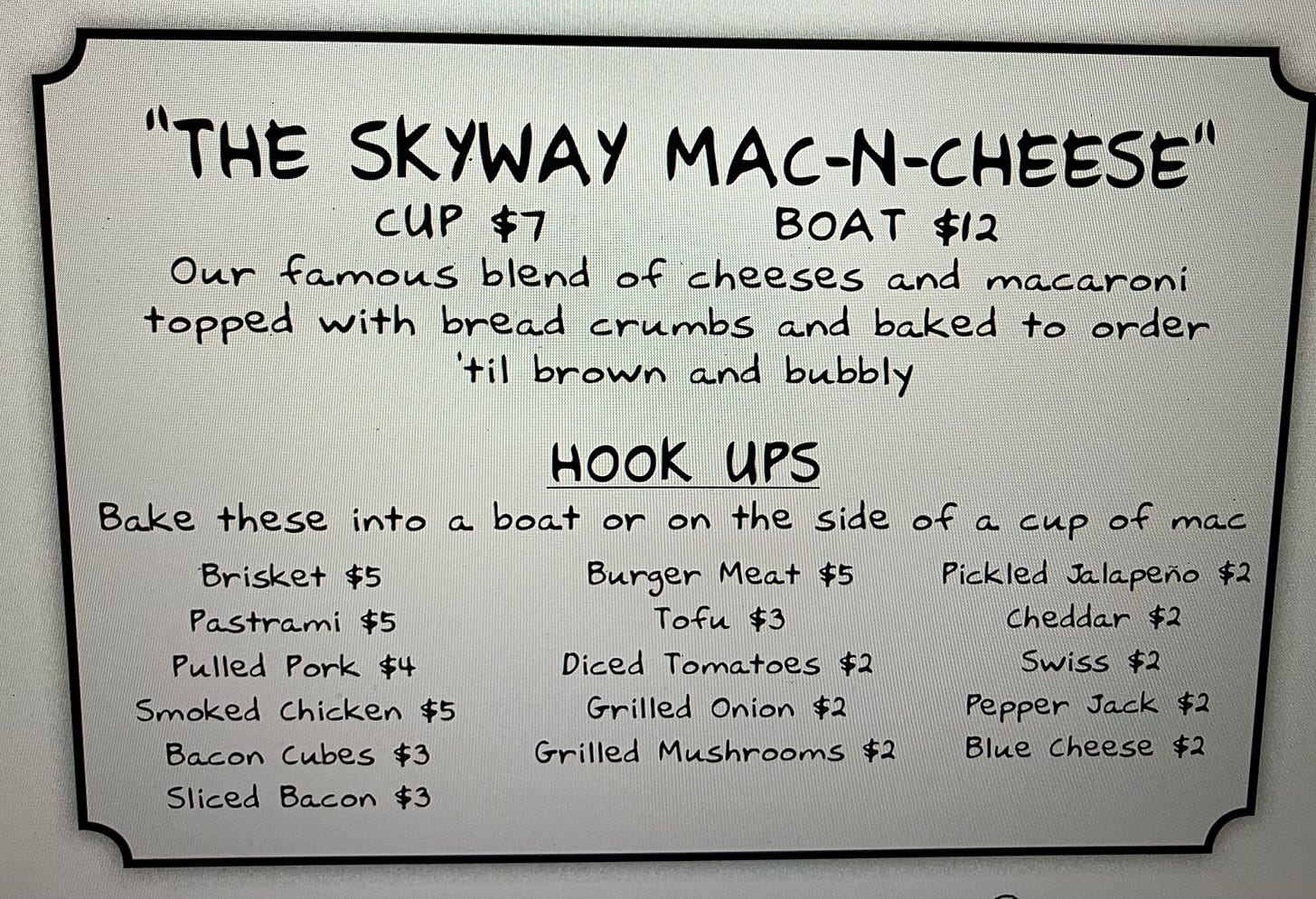 The Skyway Mac-N-Cheese Menu