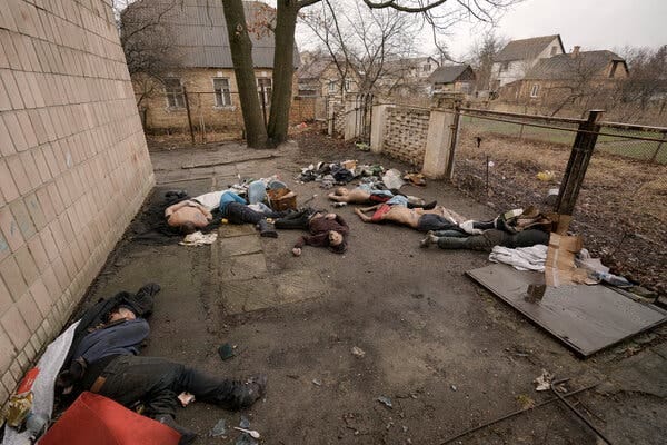 A photograph taken on April 3 showed the scene at 144 Yablunska Street where Russian forces executed a group of men.