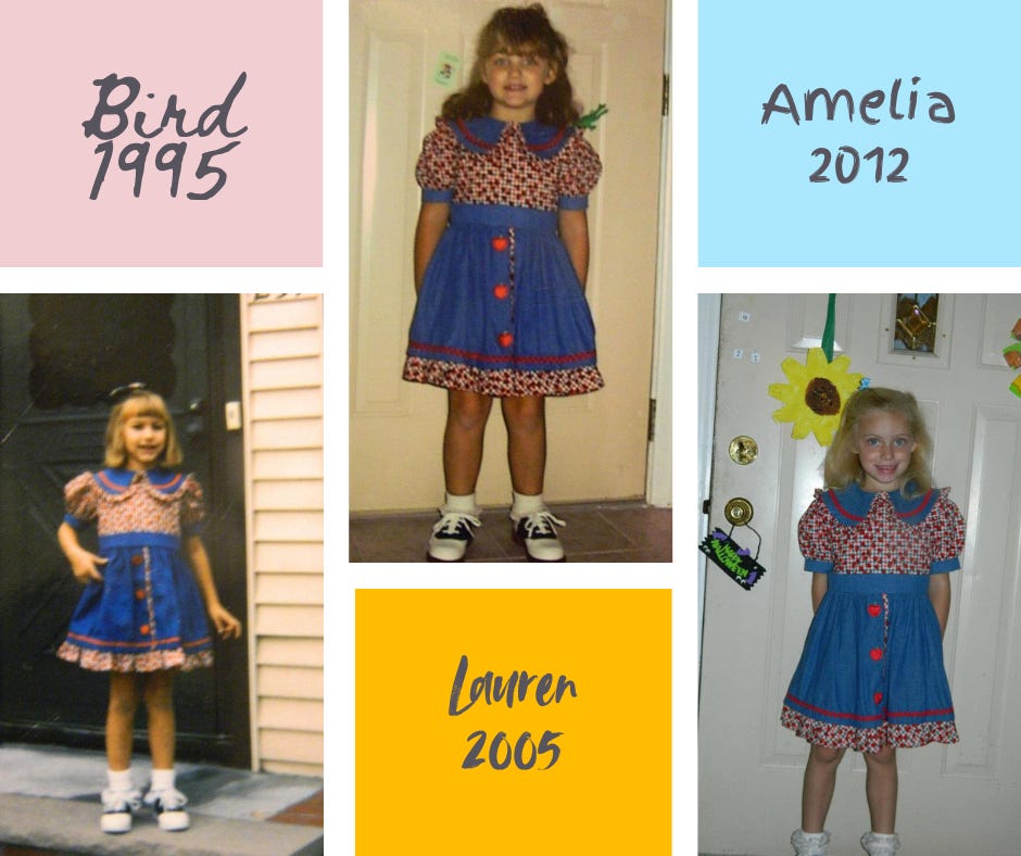 Three pictures of young girls wearing the same denim dress with a wide collar and apple print top and trim. They are labeled Bird 1995, Lauren 2005, and Amelia 2012