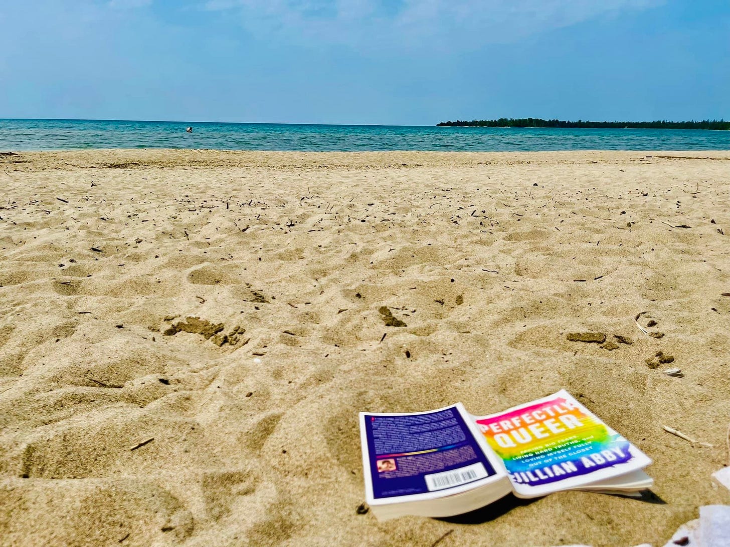 Rainbow colored book "Perfectly Queer" by Jillian Abby lays open on a sandy beach with blue water in the distance.