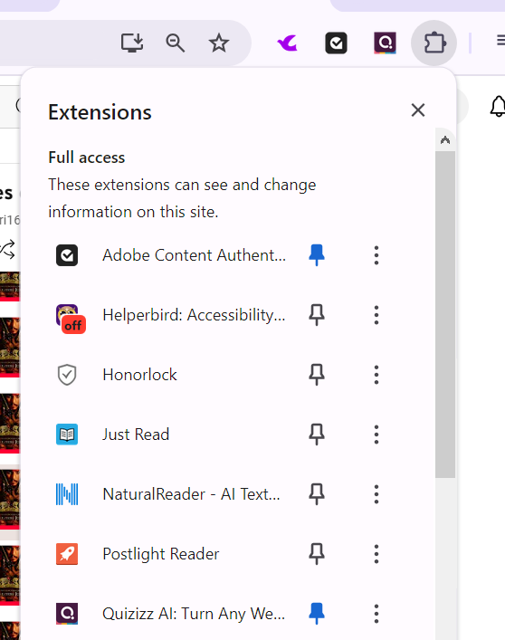 Chrome extensions tab with Adobe Content Authenticity extension pinned.