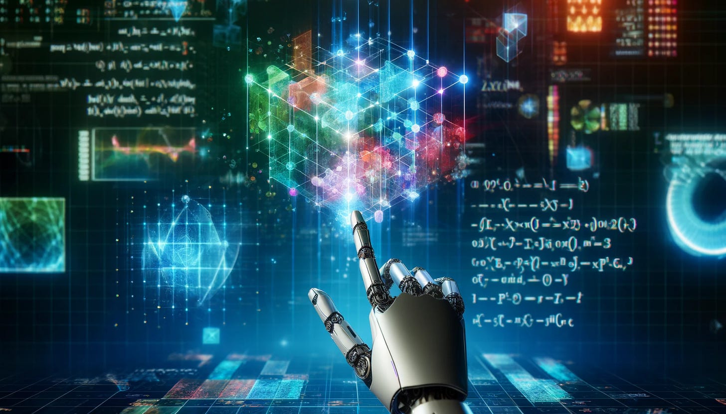 A futuristic image representing the intersection of technology and mathematics. The background features a blend of digital matrix code and numerical equations. In the foreground, a robotic hand interacts with floating, transparent, colorful matrices. The scene is set in a high-tech lab with holographic displays showcasing random algorithms and linear algebraic formulas. The overall color scheme includes shades of blue and green, symbolizing technology and innovation.