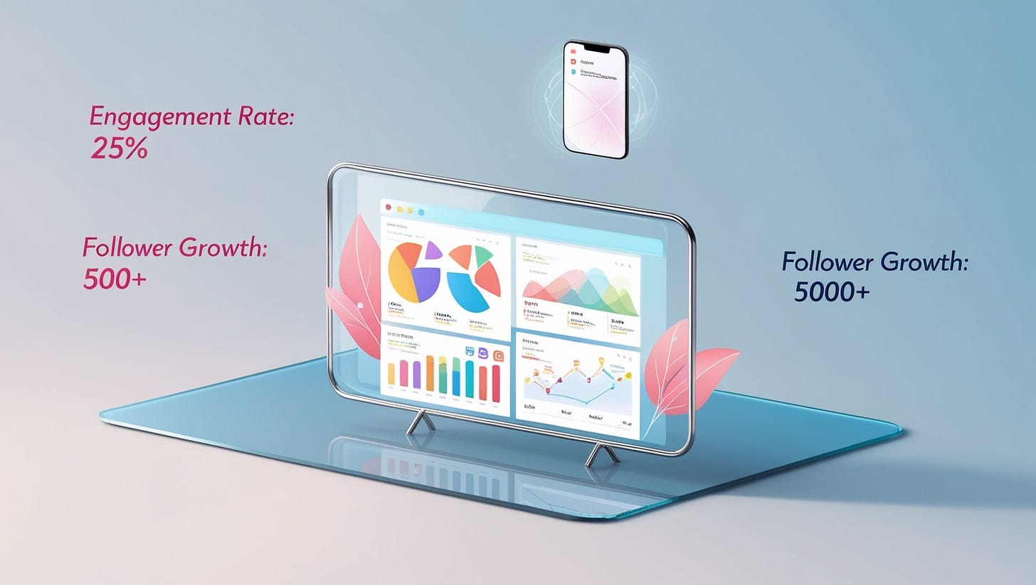 A futuristic, minimalist illustration measuring social media success, set against a soft, gradient blue background, evoking a sense of digital sophistication. In the center, a large, translucent glass dashboard with sleek, silver edges displays a variety of colorful charts, graphs, and infographics, showcasing metrics such as engagement rates, follower growth, and trending topics. A small, stylized, wireframe 3D representation of a smartphone floats above the dashboard, emitting a gentle glow, symbolizing the intersection of technology and social media. In the top-left corner, a delicate, cursive font, in a bright, poppy pink color, reads "Engagement Rate: 25%," while in the bottom-right, a simple, bold font, in a deep, navy blue, displays "Follower Growth: 5000+." The overall style is modern, clean, and information-centric, with a subtle hint of futurism, inviting the viewer to dive into the world of social media analytics.