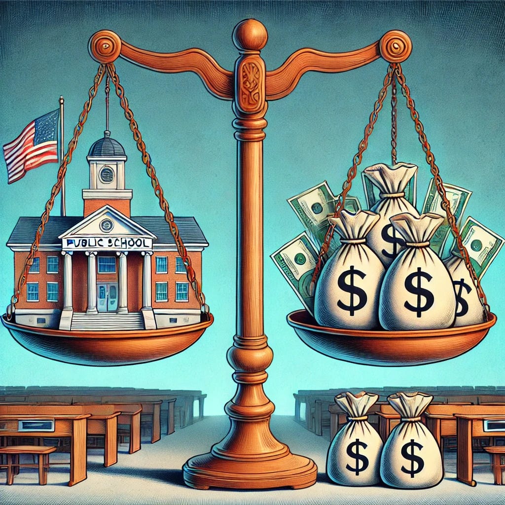 An illustration of a balanced scale: one side holding a public school building and the other side holding bags of money, symbolizing the funding debate between public education and private school tax credits. No text labels.

Size: 1792x1024