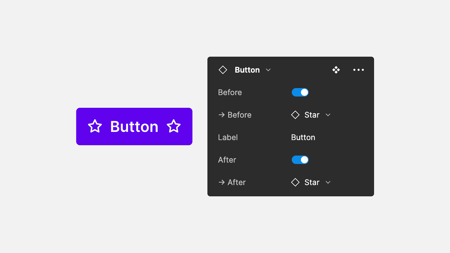 A Figma Button component next to the props panel