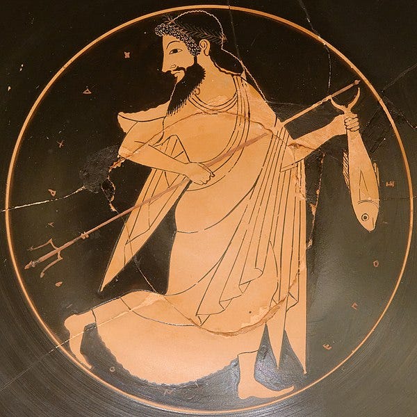 Red figure vase: Poseidon with a trident and a fish. Tondo of an Attic red-figured kylix. From Etruria.