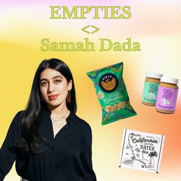Headshot of Samah Dada with Sieta chips, peanut butter jars, and a box of dates