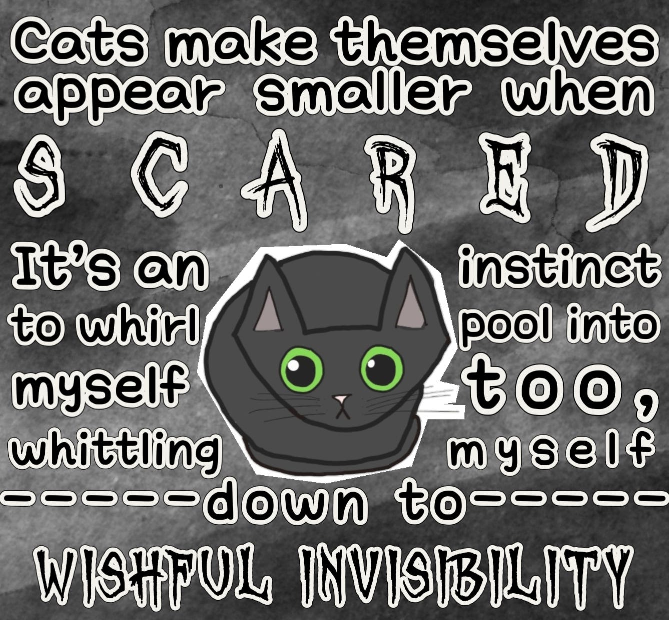 a graphic with an excerpt from the beginning of my poem. The text is black and outlined in white. The background is dark gray and my drawing of a scared black cat with green eyes is in the center of it all.