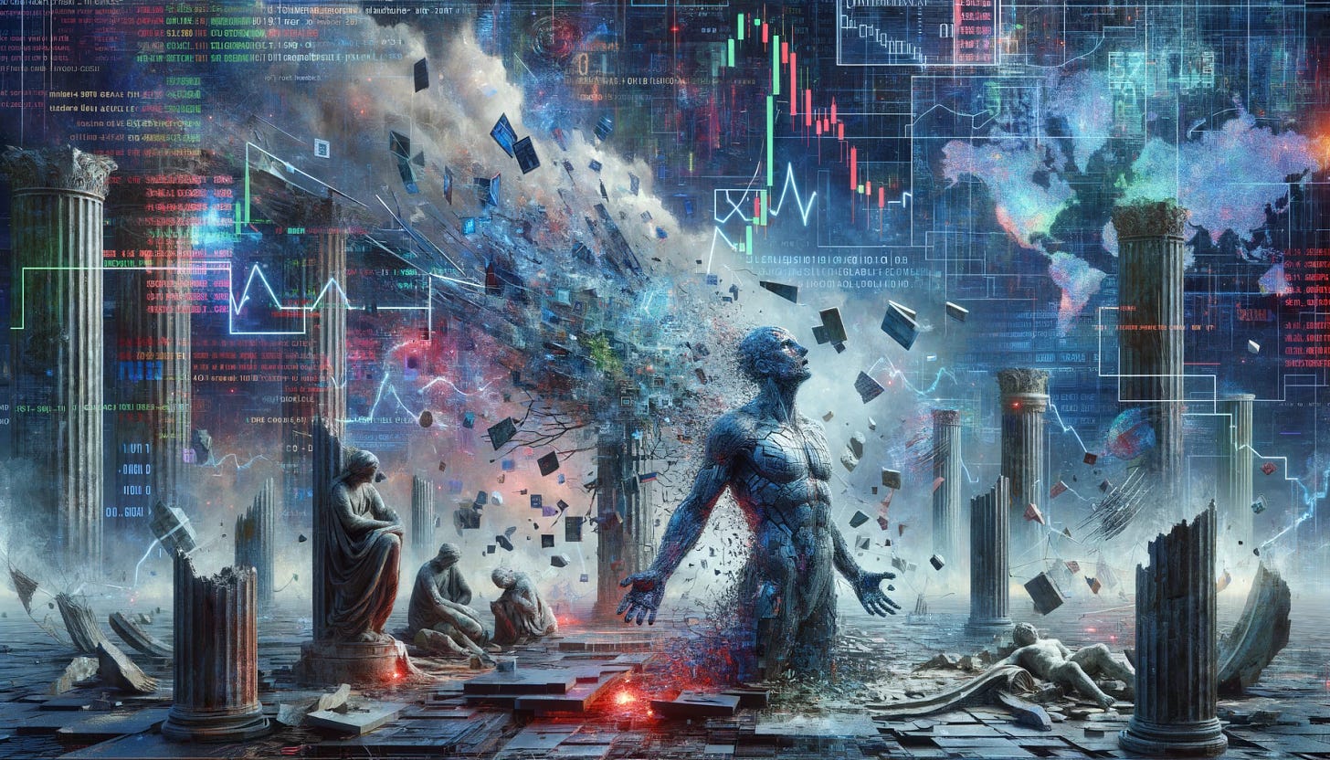 A surreal, allegorical digital artwork serving as a metaphor for the schizophrenic, hyperreal state of world financial markets. The image shows a chaotic, distorted landscape where the boundaries between the physical and virtual have dissolved. Fragments of reality, like broken statues, decaying buildings, and withered trees, are scattered amidst a sea of glitching pixels, binary code, and neon wireframes. Stock market symbols, fluctuating graphs, and collapsing currencies are interwoven with the landscape. In the center, a humanoid figure made of shattered glass and flickering static reaches out with despair, its face a cracked screen displaying distorted financial news and stock tickers. The colors are muted and dystopian, dominated by deep blues, grays, and glitches of harsh red. The overall composition evokes a sense of instability, disorientation, and the erosion of economic reality in a world overwhelmed by simulation and digital abstraction.