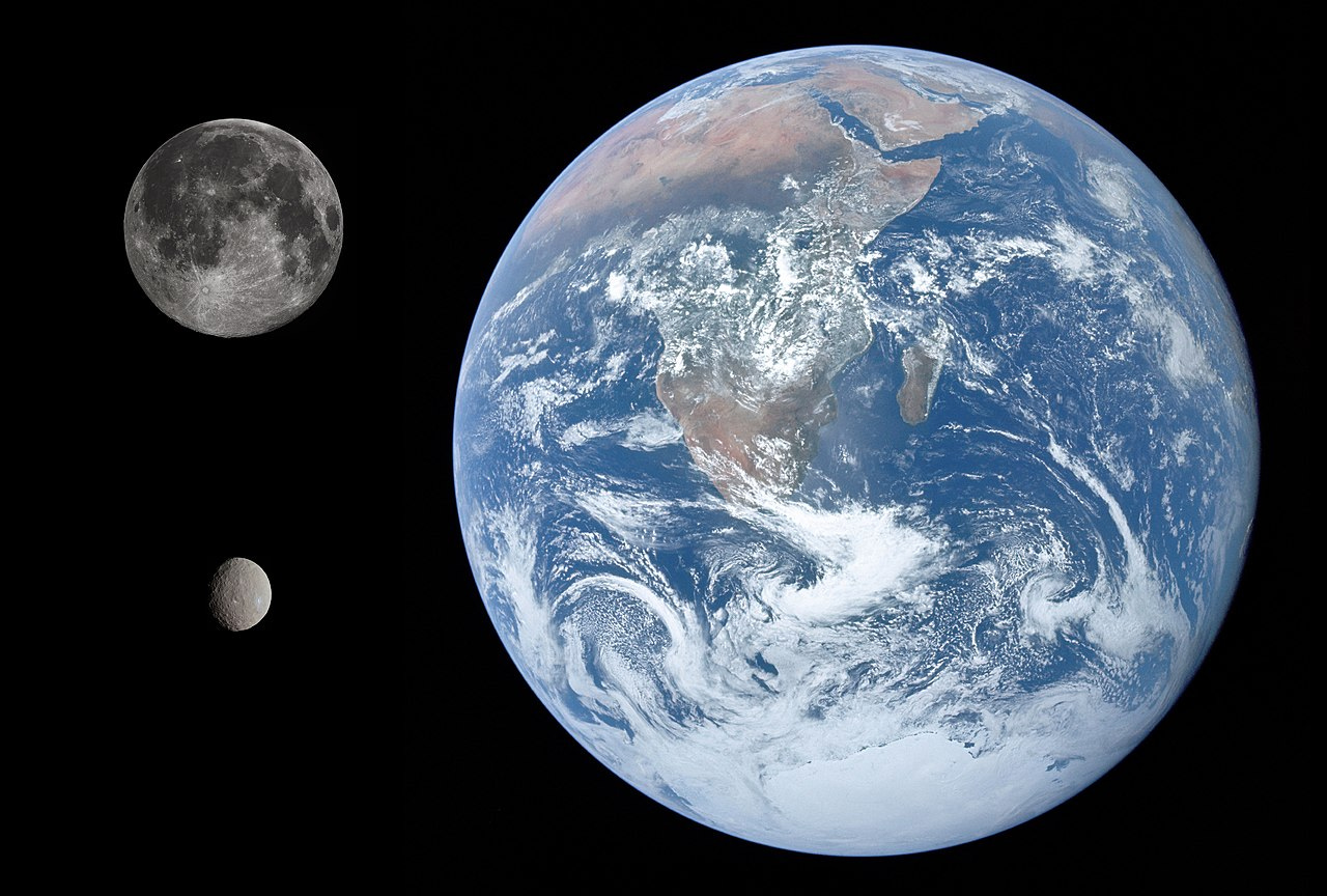 Ceres (bottom left), the Moon and Earth, shown to scale