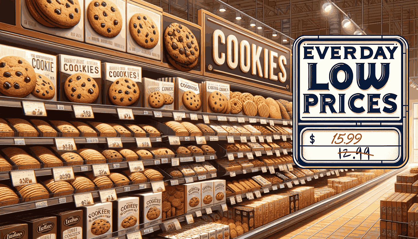 AI generated image of bakery aisle with everyday low prices sign showing a new, higher price