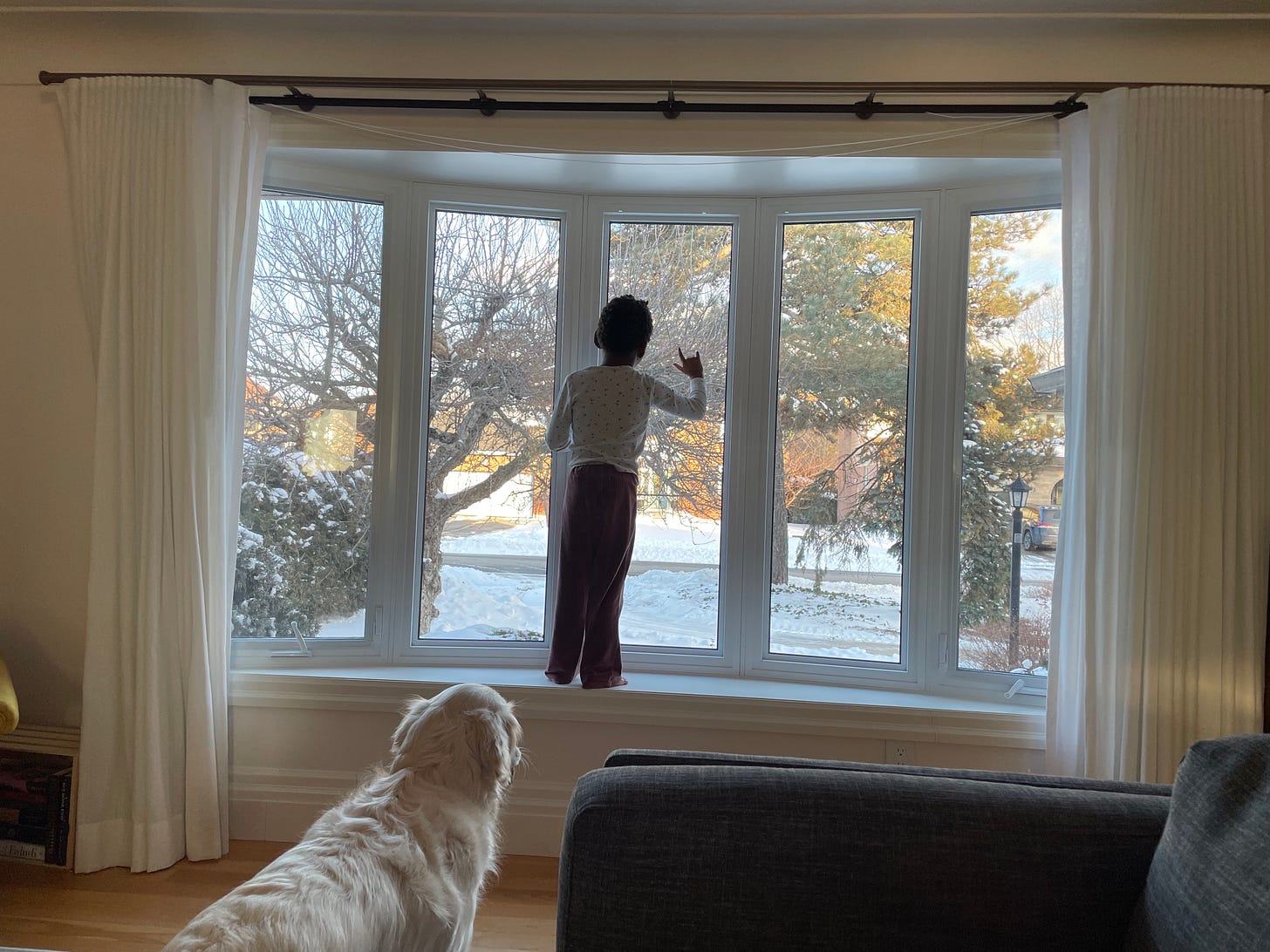 A Black kid, Khalil looks out a window and holds up the ASL sign for I love you. A golden retriever looks on.